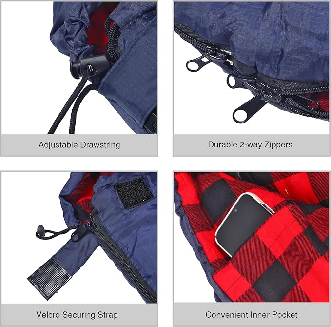 REDCAMP Flannel Sleeping Bag for Adults, Comfortable Cotton Sleeping Bags for Camping with Detachable Hood, Red/Grey/Blue