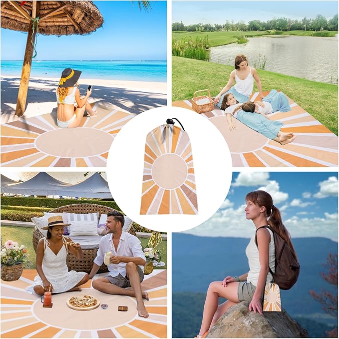 Beach Blanket Sandproof, Boho Sun Beach Mat Sand Free Waterproof, Large Picnic Blankets Lightweight Portable with Storage Bag, Polyester Outdoor Blanket Beach Essentials Must Have Accesorries