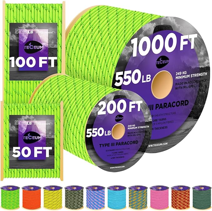 TECEUM Heavy Duty Rope 1000 – 1000ft / 200ft / 100ft / 50ft – 40+ Colors – Utility Rope for Survival & Camping Gear – Nylon String, Camping Rope, para Cord, Utility Nylon Rope, Tent Cord