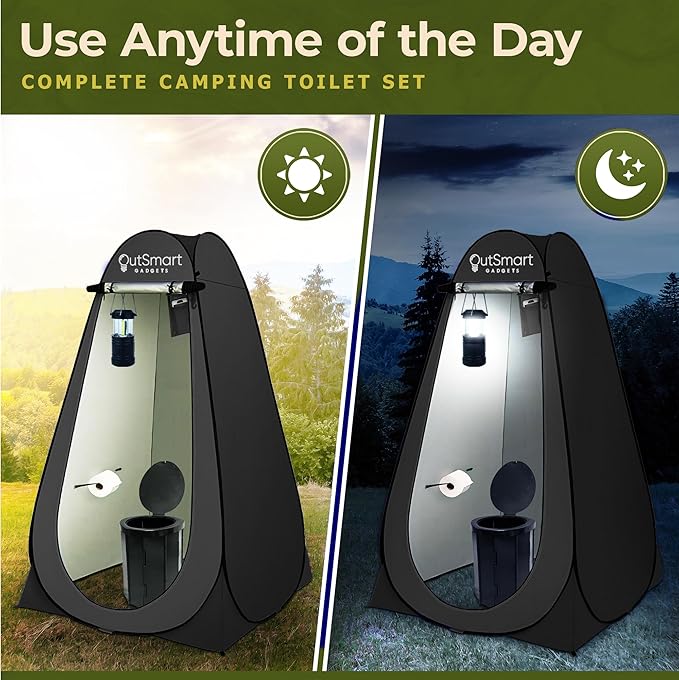 Outdoor Portable Toilet Set for Adults with Camping Night Lantern, Folding XL Toilet, Pop Up Privacy Tent and Carry Bags, Multipurpose Potty, Washable and Foldable for RV Travel