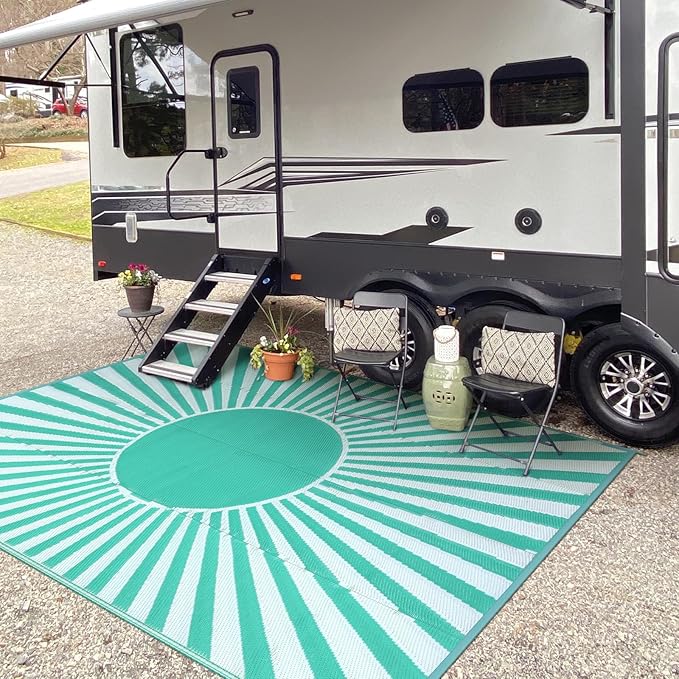 Wonnitar 8x10 Outdoor Rug Waterproof - Large Reversible Patio Rugs, Lightweight Plastic Straw Patios Mat for RV, Portable Outdoor Camping Carpet for Deck Picnic (Blue-Green, 8'x10')