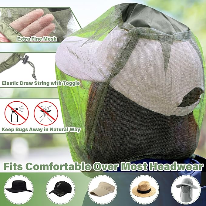 Benvo Mosquito Head Net Mesh One Piece Face Neck Fly Netting Cover from Bugs Gnats Noseeums Hat-Compatible Insect Shield for Fishing, Camping, Gardening (2pcs, Olive, Upgraded Big Net)