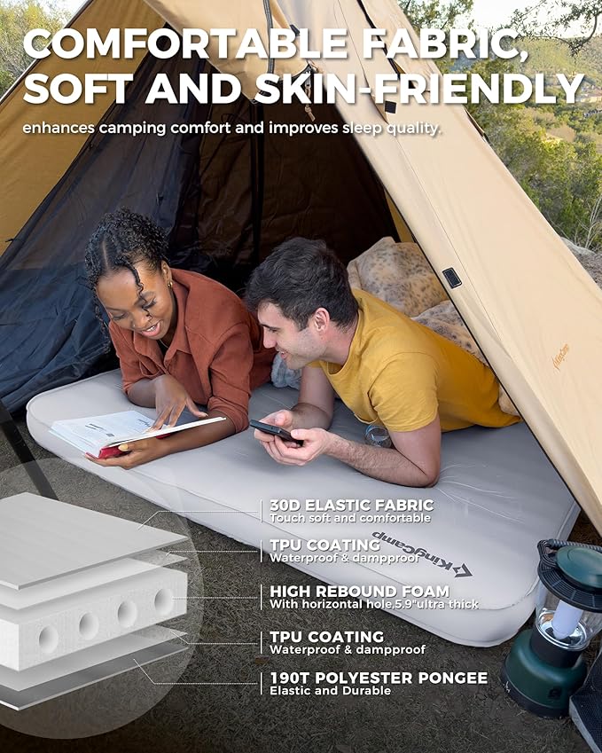 KingCamp Self Inflating Sleeping Pad for Camping Ultra Thick Double Single Foam Mattress High R Value Camping Air Pad Mat, Multi Colors & Sizes