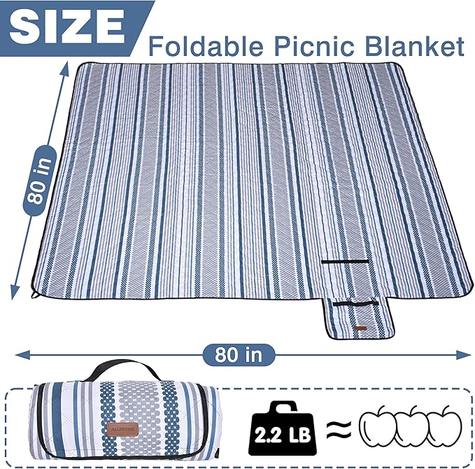 Oversized Waterproof Picnic Mat, Suitable for Camping, Outdoor, Beach, Party and Concert. (Dark Blue & Gray, 80" * 80")