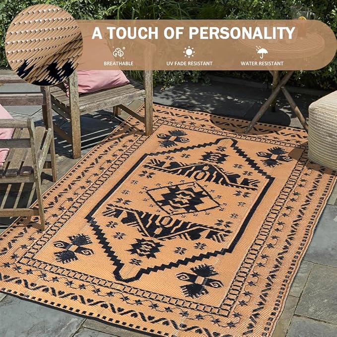 LILIOFFIC Outdoor Rugs for Patio Clearance - 5'x8' Waterproof Reversible Indoor Outdoor Rug Carpet, Portable Outdoor Plastic Straw Rug for RV Camping, Picnic, Beach, Porch, Deck, Black & Brown