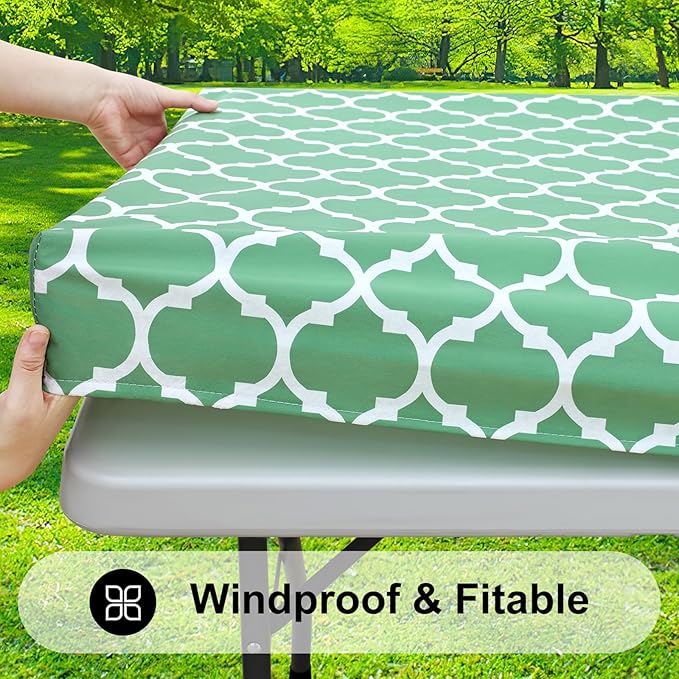 Smiry Rectangle Picnic Table Cover, Waterproof Elastic Fitted Camping Tablecloths for 8 Foot Tables, Wipeable Flannel Backed Vinyl Tablecloth Protector for Indoor, Outdoor (Sage Green, 30x96 Inches)