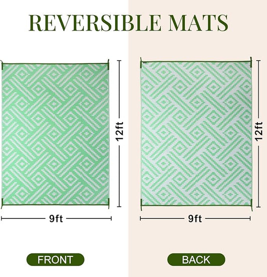 OPPODREAM Outdoor Rug 9x12 Patio Waterproof, Large Outdoor Plastic Straw Rug, Reversible Out Door Carpet for Camping, Deck, Rv, 9 x 12 Area Carpet for Balcony, Porch, Backyard, White and Green