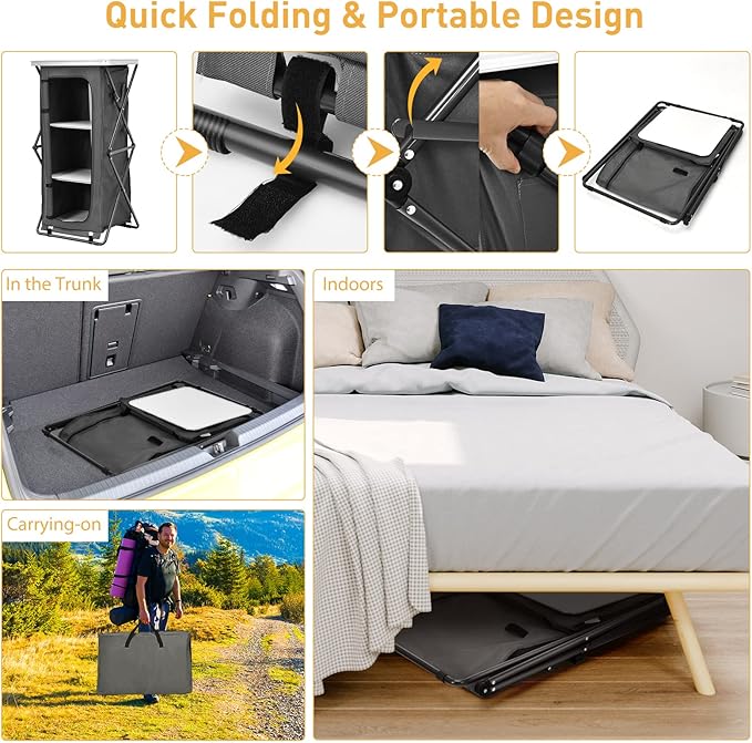 Goplus Folding Camping Storage Cabinet, Pop Up Outdoor Camping Kitchen Station with Large 3-Tier Storage Organizer, Carry Bag, Easy Set Up Portable Compact Camping Table for BBQ Picnic Backyard (47'')