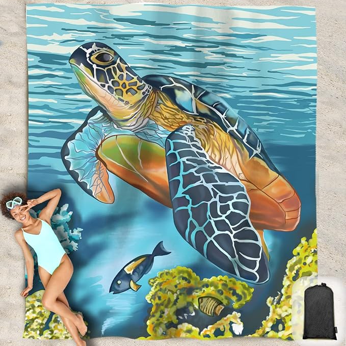 Beach Blanket Waterproof Sandproof Oversized 95”x 80”,Sand Free Beach Mat with Corner Pockets,Portable Mesh Bag for Beach Festival,Picnic,Travel and Outdoor Camping (Turtle Plus)