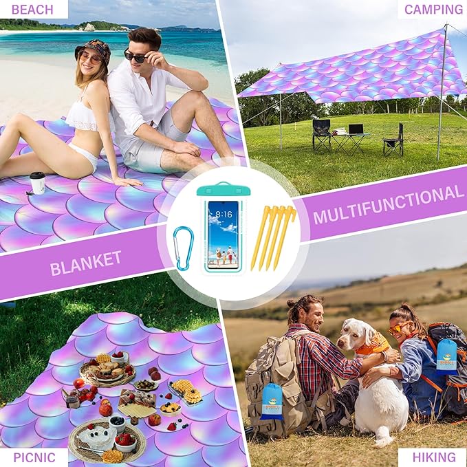 BYDOLL Beach Blanket Waterproof Sandproof 78''×81'' Suits1-4 Adults Compact Lightweight Oversized Sand-Free Blanket Large Picnic Mat for Beach Travel Camping Hiking