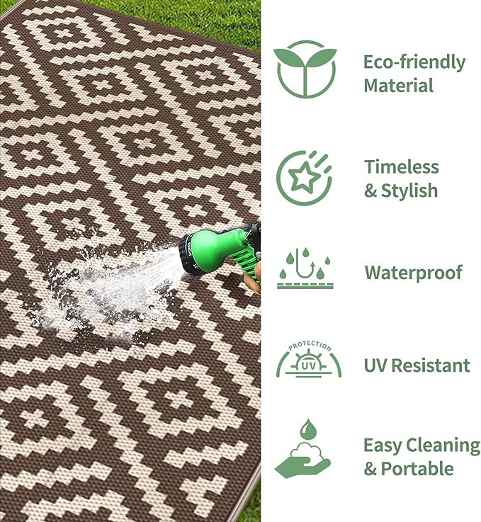 GENIMO Outdoor Rug for Patio Clearance, 6'x9' Waterproof Camping Mat, Reversible Plastic Straw Rugs for RV, Camper, Balcony, Backyard, Picnic, Deck (Coffee & Beige)