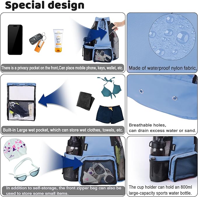 Swim Bag Beach Backpack with Padded Shoulder Strap Mesh Backpack with Wet Pocket for Swimming, Gym