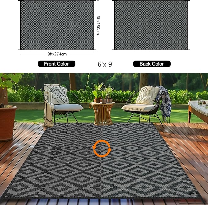 Outdoor Patio Plastic Straw Rug - 6'x9' Outdoor Camping Rug Waterproof Reversible, Area Carpet Patios Clearance RV, Outside Porch Balcony Deck for Camper, Black & Grey