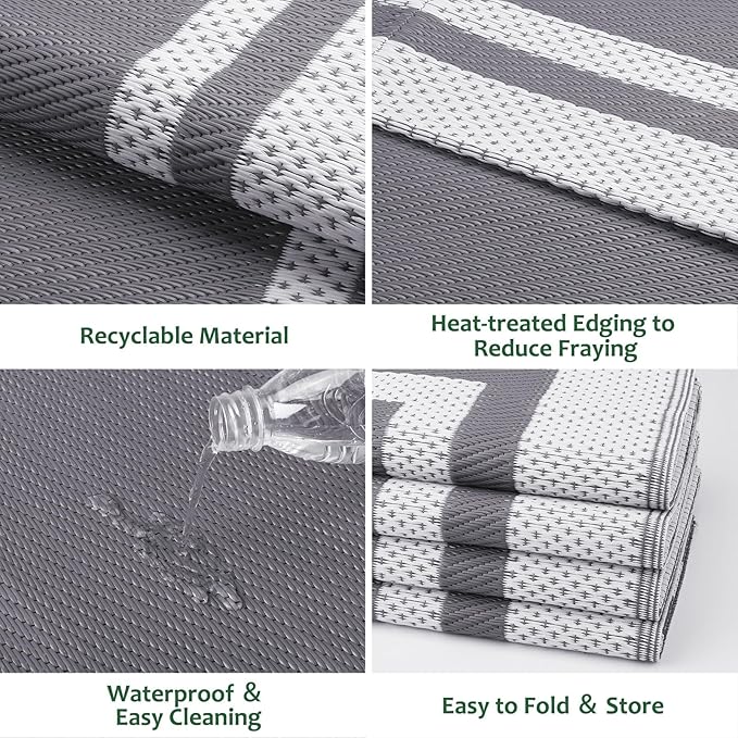 HappyTrends Outdoor Rug Reversible Portable Plastic Straw Camping Rugs for Outside RV,Large Waterproof Outdoor Area Rugs for Patio,Deck,Porch,Balcony(5'x 8',White&Gray)