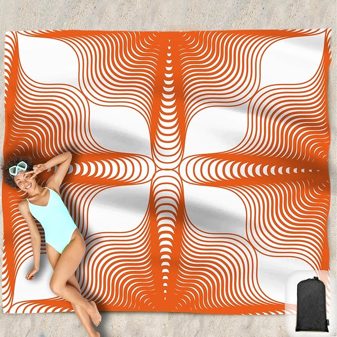 Beach Blanket Waterproof Sandproof Oversized 95”x 80”,Sand Free Beach Mat with Corner Pockets,Portable Mesh Bag for Beach Festival,Picnic,Travel and Outdoor Camping (Burningorange)