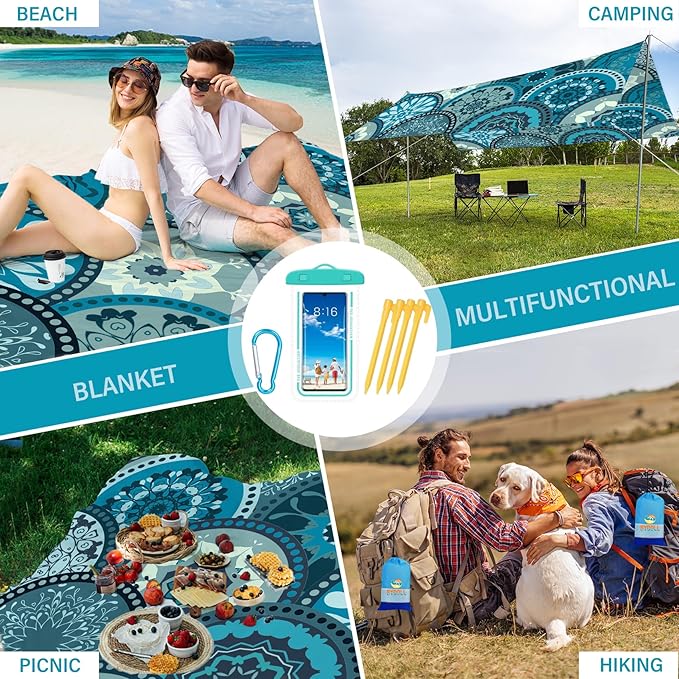 BYDOLL Beach Blanket Waterproof Sandproof 78''×81'' Suits1-4 Adults Compact Lightweight Oversized Sand-Free Blanket Large Picnic Mat for Beach Travel Camping Hiking