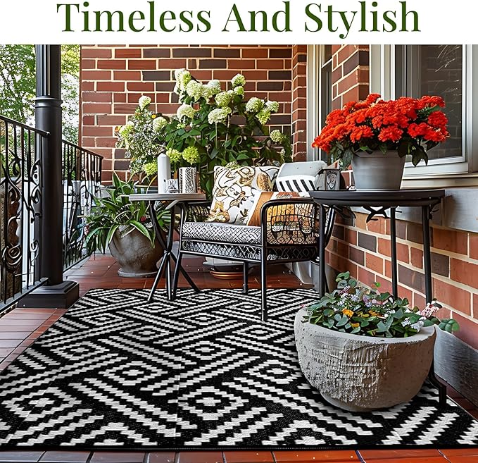 OPPODREAM Outdoor Rug 9x12 Patio Waterproof, Large Outdoor Plastic Straw Rug, Reversible Out Door Carpet for Camping, Deck, Rv, 9 x 12 Area Carpet for Balcony, Porch, Backyard, Black and White