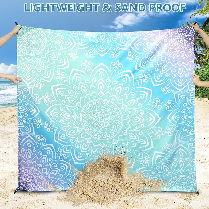 Beach Blanket Waterproof Sandproof Beach Mat Quick Drying Durable Outdoor Picnic Mat for Beach Festival Travel Picnic Camping Hiking (Gradiant Blue-Mandarin,79"×83"(4 Person))