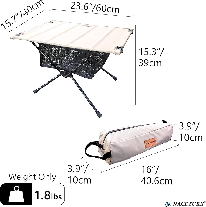 NACETURE Camping Table with Folding Legs and Mesh Storage Basket for Food, Coffee, or Camp Grill Accessories, Lightweight and Portable for Outdoor, Backpacking, Hiking, and Travel