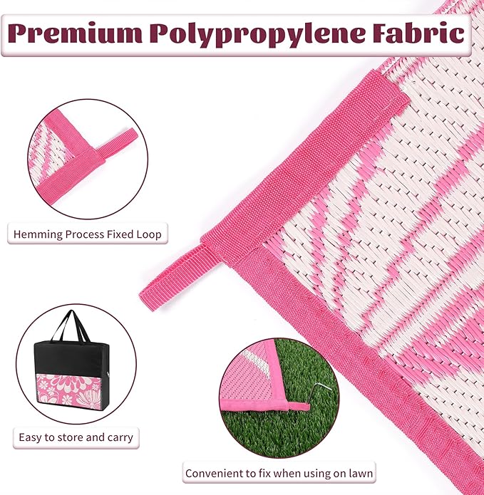 Ileading Outdoor Plastic Straw Rug 9x12ft Funny Floral Style Reversible Patio Area Rugs Waterproof Non Shedding Portable Carpets Large RV Rugs for Outside Deck Pool Beach Picnic Camping (Pink)