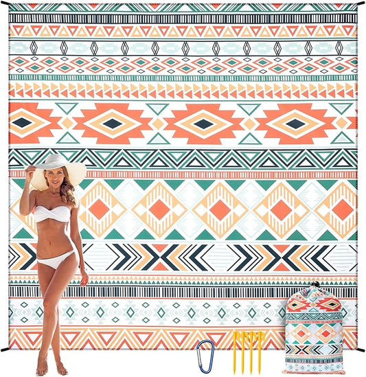 Beach Blanket, Sandproof Beach Mat, Waterproof Quick Drying Lightweight Outdoor Aztec Picnic Mat 79" X 83" for 2-4 Adults with Pocket for Travel, Camping, Hiking