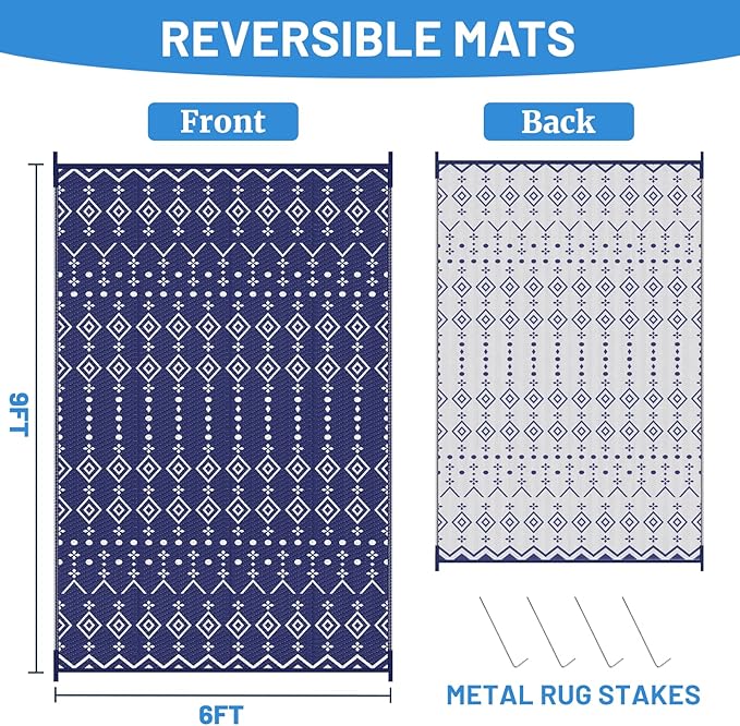 StepRite 6’ x 9’ Reversible Outdoor Rug, Waterproof Plastic Straw Rug, Patio Rug, Large Modern Area Rug Carpet, Indoor Outdoor Rugs for Camping, Porch, Deck, Balcony, Backyard, RV, Picnic(Blue)