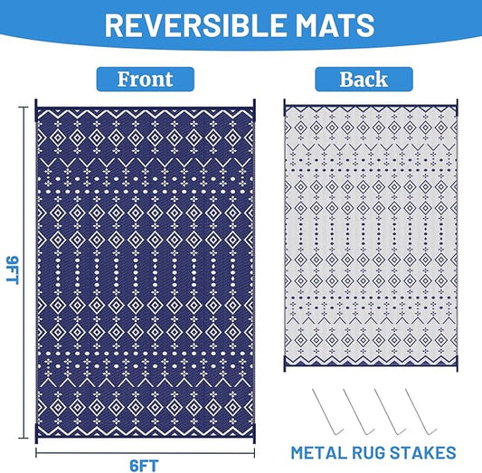 StepRite 6’ x 9’ Reversible Outdoor Rug, Waterproof Plastic Straw Rug, Patio Rug, Large Modern Area Rug Carpet, Indoor Outdoor Rugs for Camping, Porch, Deck, Balcony, Backyard, RV, Picnic(Blue)