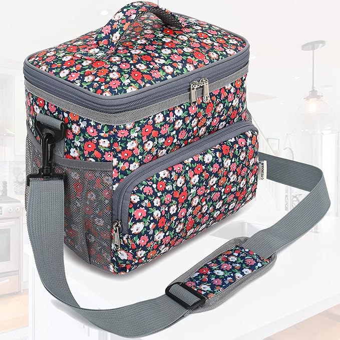 Insulated Reusable Lunch Bag Adult Large Lunch Box for Women and Men with Adjustable Shoulder Strap,Front Zipper Pocket and Dual Large Mesh Side Pockets,Floral