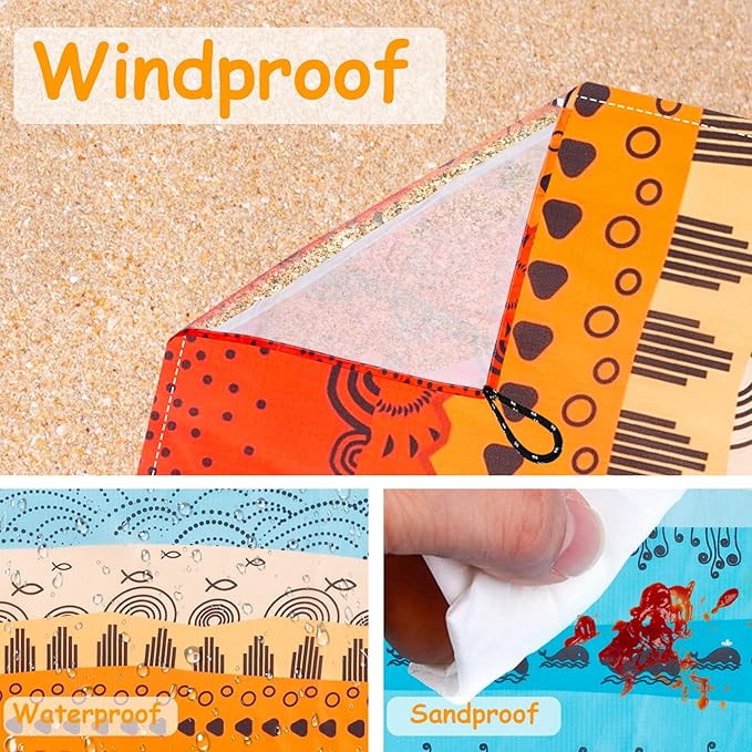 Beach Blanket Waterproof Sandproof, Outdoor Picnic Blankets Sand Free for 4 Adults, Lightweight Quick Drying Beach Mat for Beach Travel, Camping, Hiking, Boho Beach Essentials Accessories