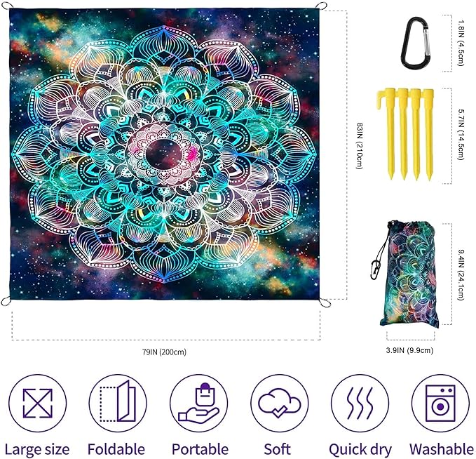 Beach Blanket, Waterproof Sandproof Beach Mat Oversized 79 X 83 Inch for 4-6 Adults, Lightweight Picnic Blanket, Portable Picnic Mat for Outdoor Travel Camping Hiking with 4 Stakes & 4 Corner Pocket