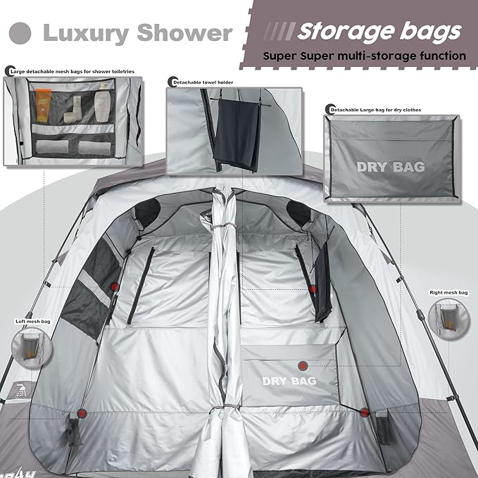 Camping Shower Tent Deluxe Changing Room Easy Set Up Privacy Shelter,Large Toilet Tent 2 Rooms with Floor Drain Design for Beach, Camping,Hiking with Stakes and Ropes for Stability
