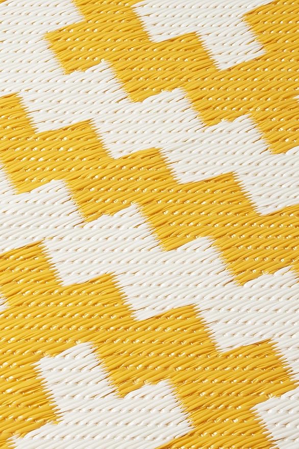 FH Home Outdoor Rug - Waterproof, Fade Resistant, Reversible - Premium Recycled Plastic - Geometric - Patio, Porch, Deck, Balcony - Aztec - Yellow & White Crease Free - 5 x 8 ft