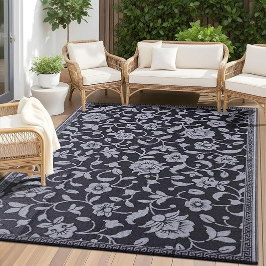 OLANLY Waterproof Outdoor Rug 5x8 ft, Outdoor Plastic Straw Rug with Flower Pattern, Reversible RV Mat for Patio, Camping, Balcony, Deck, Backyard, Black & Grey