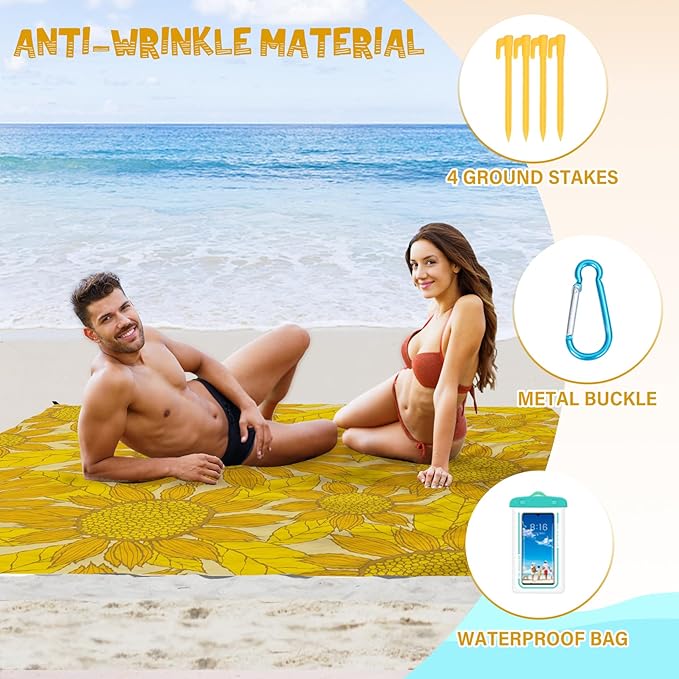 Beach Blanket Waterproof Sandproof 1-7 Adult Oversized 78 '' × 110 '' Lightweight Durable Compact Sand Free Beach Mat for Travel Camping Hiking Picnic Blanket Extra Large