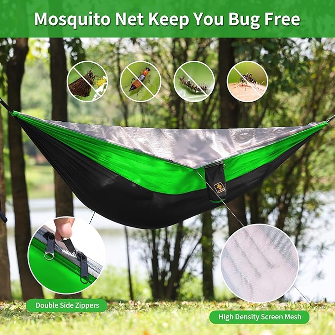 Camping Hammock, Portable Hammocks with Mosquito Net,Lightweight Nylon Parachute Hammock with 10ft Tree Straps,Camping Gear Must Haves for Travel Hiking Backpacking Beach Patio Black& Green