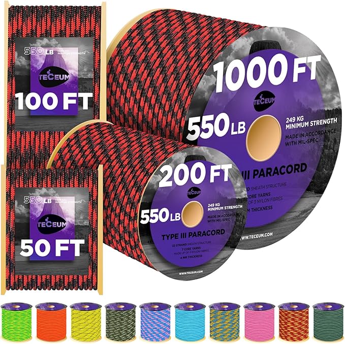 TECEUM Heavy Duty Rope 1000 – 1000ft / 200ft / 100ft / 50ft – 40+ Colors – Utility Rope for Survival & Camping Gear – Nylon String, Camping Rope, para Cord, Utility Nylon Rope, Tent Cord