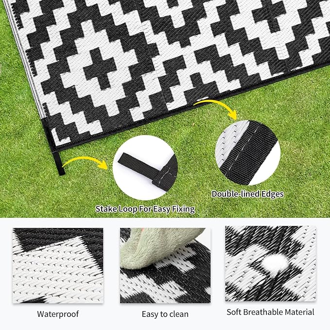 Outdoor Patio Plastic Straw Rug - 8'x10' Outdoor Camping Rug Waterproof Reversible, Area Carpet Patios Clearance RV, Outside Porch Balcony Deck for Camper, Black & White