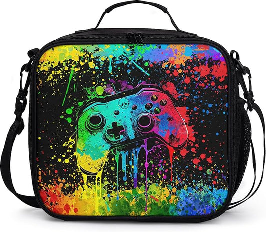 Graffiti Game Pattern Lunch Bag Watercolor Doodle Game Lunch Boxes for Women/Man Office Work Travel School Work Picnic Durable Reusable Insulated Large Lunch Tote Bag with Adjustable Shoulder Strap