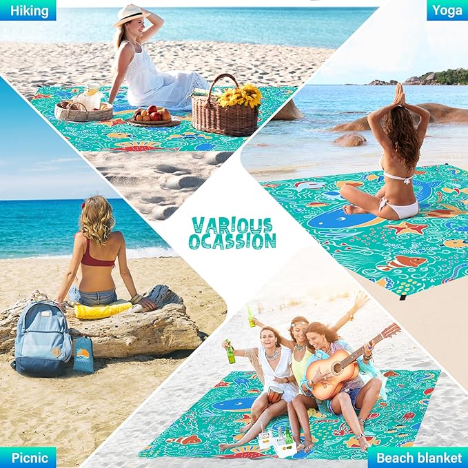 Beach Blanket Waterproof Sandproof 1-7 Adult Oversized 78 '' × 81 '' Lightweight Durable Compact Sand Free Beach Mat for Travel Camping Hiking Picnic Blanket Extra Large