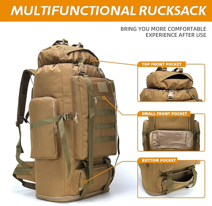 70L/100L Hiking Camping Backpack MOLLE Rucksack Waterproof Daypack for Traveling (Khaki)