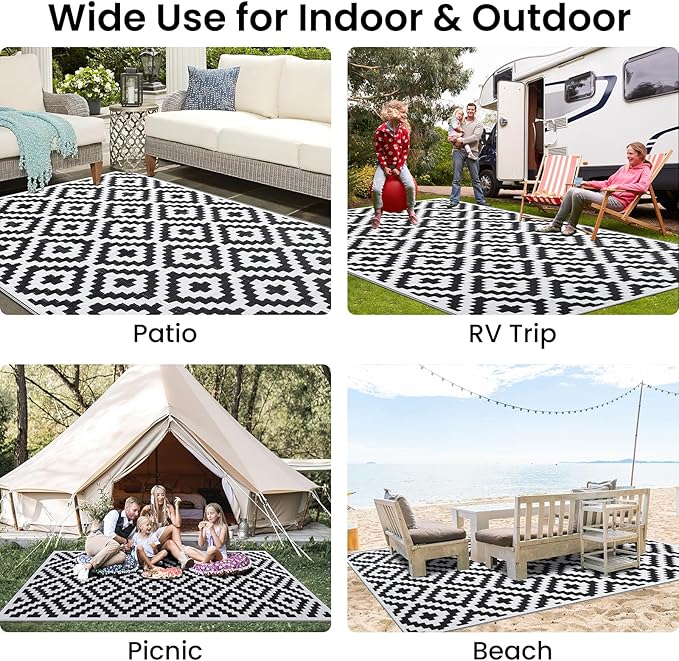 Smiry Waterproof Outdoor Rug 5x8 ft, Reversible Plastic Straw Patio Camping Rugs, Outdoor Indoor RV Mat Carpet for Patio, Outside Entry, Backyard, Deck, Bench, Picnic, Camper, Black & White