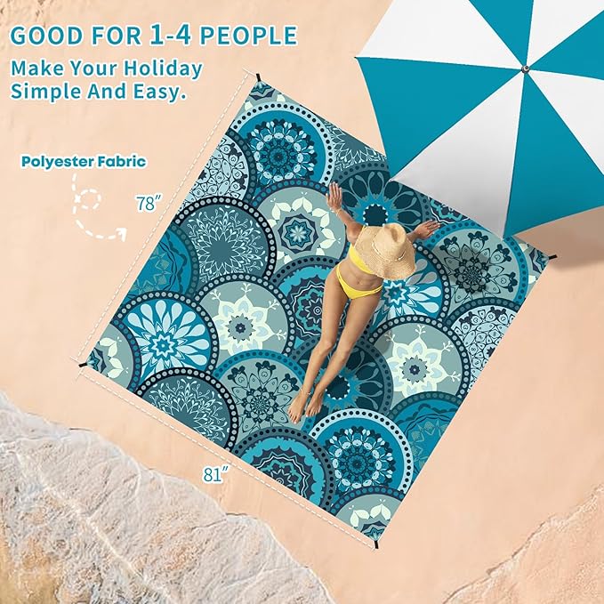 BYDOLL Beach Blanket Waterproof Sandproof 78''×81'' Suits1-4 Adults Compact Lightweight Oversized Sand-Free Blanket Large Picnic Mat for Beach Travel Camping Hiking