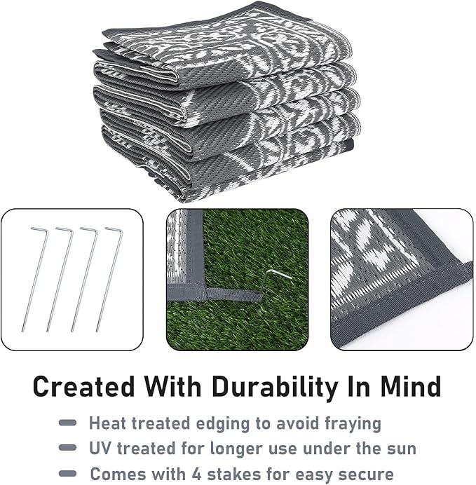 HiiARug Reversible Mats Outdoor Rug 6'x9' for Patio Plastic Straw Patio Rugs Outdoor Rugs Large Floor Mat for Ourdoor Decor,Garden, Patio, Backyard, Deck, Picnic, RV, Camping (Grey)