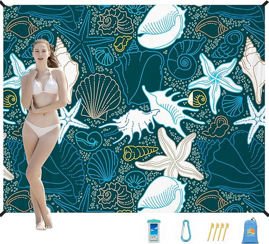 Beach Blanket Waterproof Sandproof 1-7 Adult Oversized 78 '' × 110 '' Lightweight Durable Compact Sand Free Beach Mat for Travel Camping Hiking Picnic Blanket Extra Large