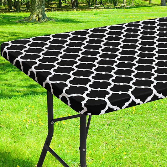 Smiry Rectangle Picnic Table Cover, Waterproof Elastic Fitted Camping Tablecloths for 5 Foot Tables, Wipeable Flannel Backed Vinyl Tablecloth Protector for Indoor, Outdoor (Black, 30x60 Inches)