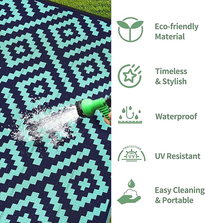 GENIMO Outdoor Rug for Patio Clearance, 6'x9' Waterproof Camping Mat, Reversible Plastic Straw Rugs for RV, Camper, Balcony, Backyard, Picnic, Deck (Navy Blue & Jade Green)