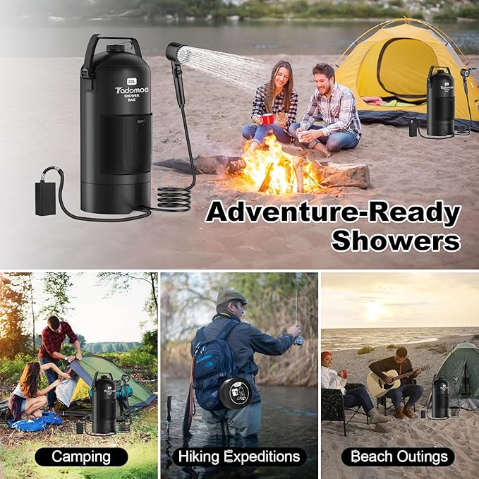 Portable Shower for Camping, 5 Gal/20 L Solar Heating Camping Shower Bag with Shower Pump, Portable Shower Head, Essential for Camping,Festivals, Overlanding, Beach Trips,Outdoor Showers