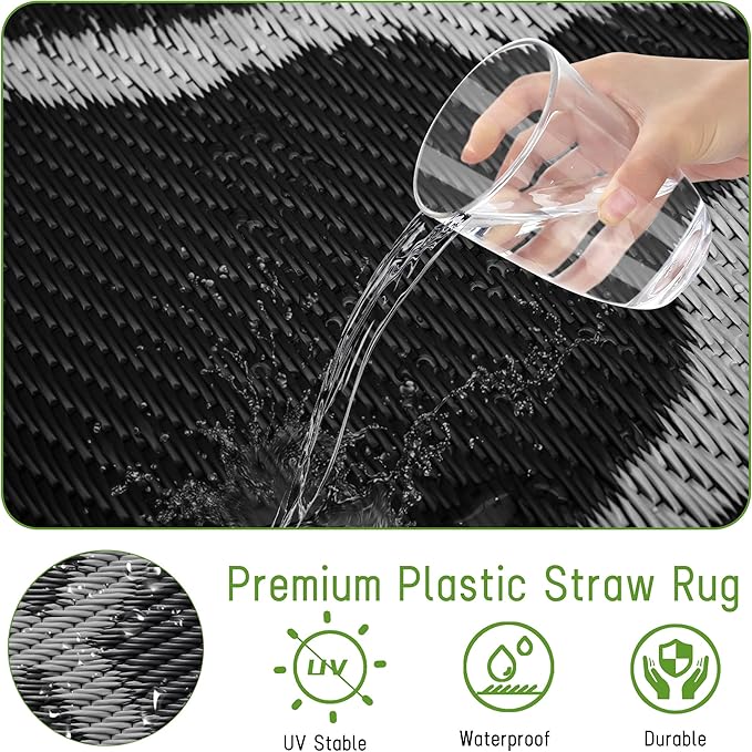 Easy-Going Reversible Outdoor Rugs 5x8ft Waterproof Plastic Straw Rug Stain & UV Resistant Floor Mat for Patio Porch RV Backyard Pool Deck Picnic Beach Trailer Camping (Moroccan Black & Light Grey)