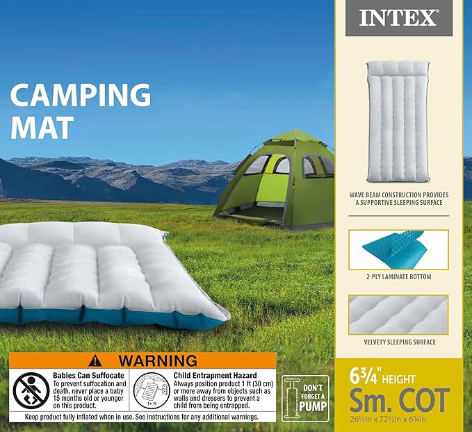 Intex 67997E Camping Sleeping Air Mattress 26.5" x 72.5": Durable Outdoor Use – 2-PLY Laminate – Velvety Surface – Unique Construction – 300lb Weight Capacity