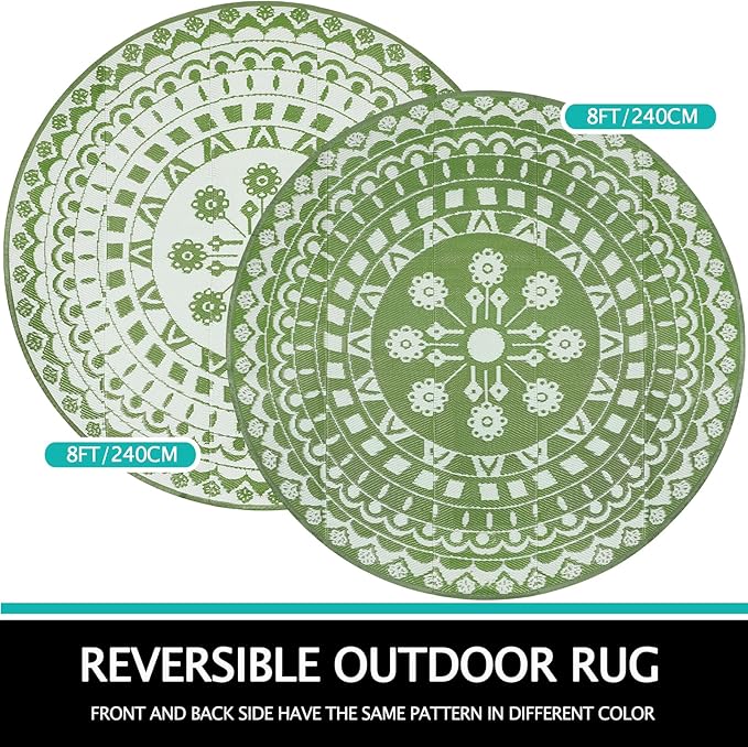 Capslpad 8Ft Round Outdoor Rug for Patios Clearance Reversible Mat Plastic Straw Patio Rugs Lightweight RV Camping Mat Circle Outside Area Rug Carpet for Balcony Deck Trailer Picnic BBQ,Green